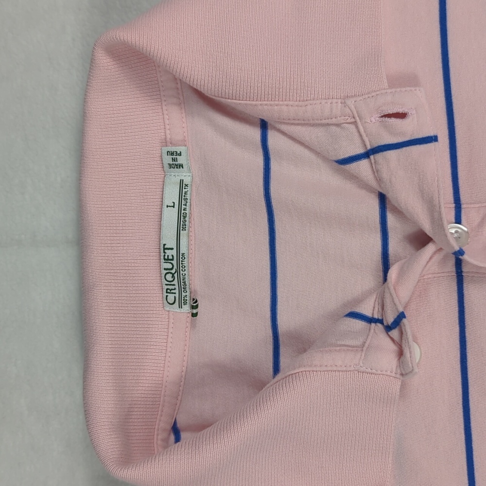Criquet Organic Cotton Pocket Golf Polo Pink & Blue Stripes Mens Size Large - Picture 3 of 4